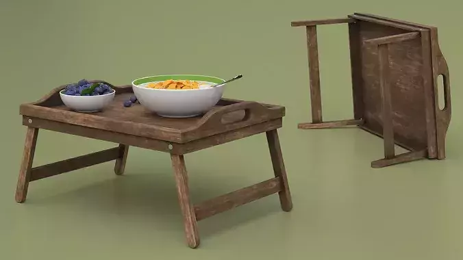 Bowl of Corn Flakes with Milk and Blueberries on Bed Tray 3D model 6