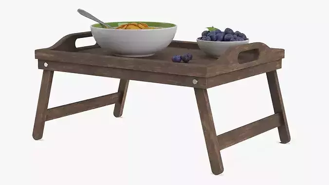 Bowl of Corn Flakes with Milk and Blueberries on Bed Tray 3D model 7