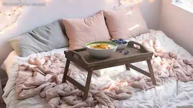 Bowl of Corn Flakes with Milk and Blueberries on Bed Tray 3D model 4