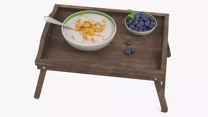 Bowl of Corn Flakes with Milk and Blueberries on Bed Tray 3D model