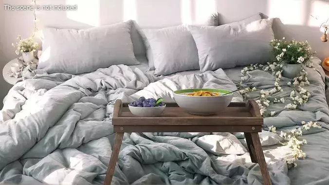 Bowl of Corn Flakes with Milk and Blueberries on Bed Tray 3D model 3