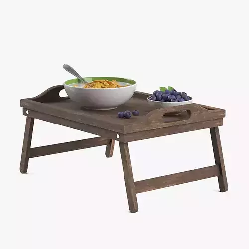 Bowl of Corn Flakes with Milk and Blueberries on Bed Tray 3D model 2