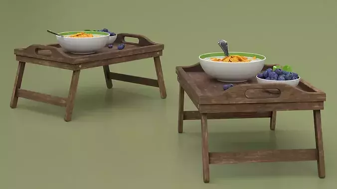 Bowl of Corn Flakes with Milk and Blueberries on Bed Tray 3D model 5