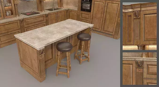 Classic Luxury Kitchen Interior with Island 3D model 7