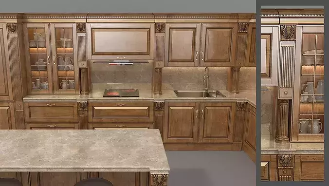 Classic Luxury Kitchen Interior with Island 3D model 4