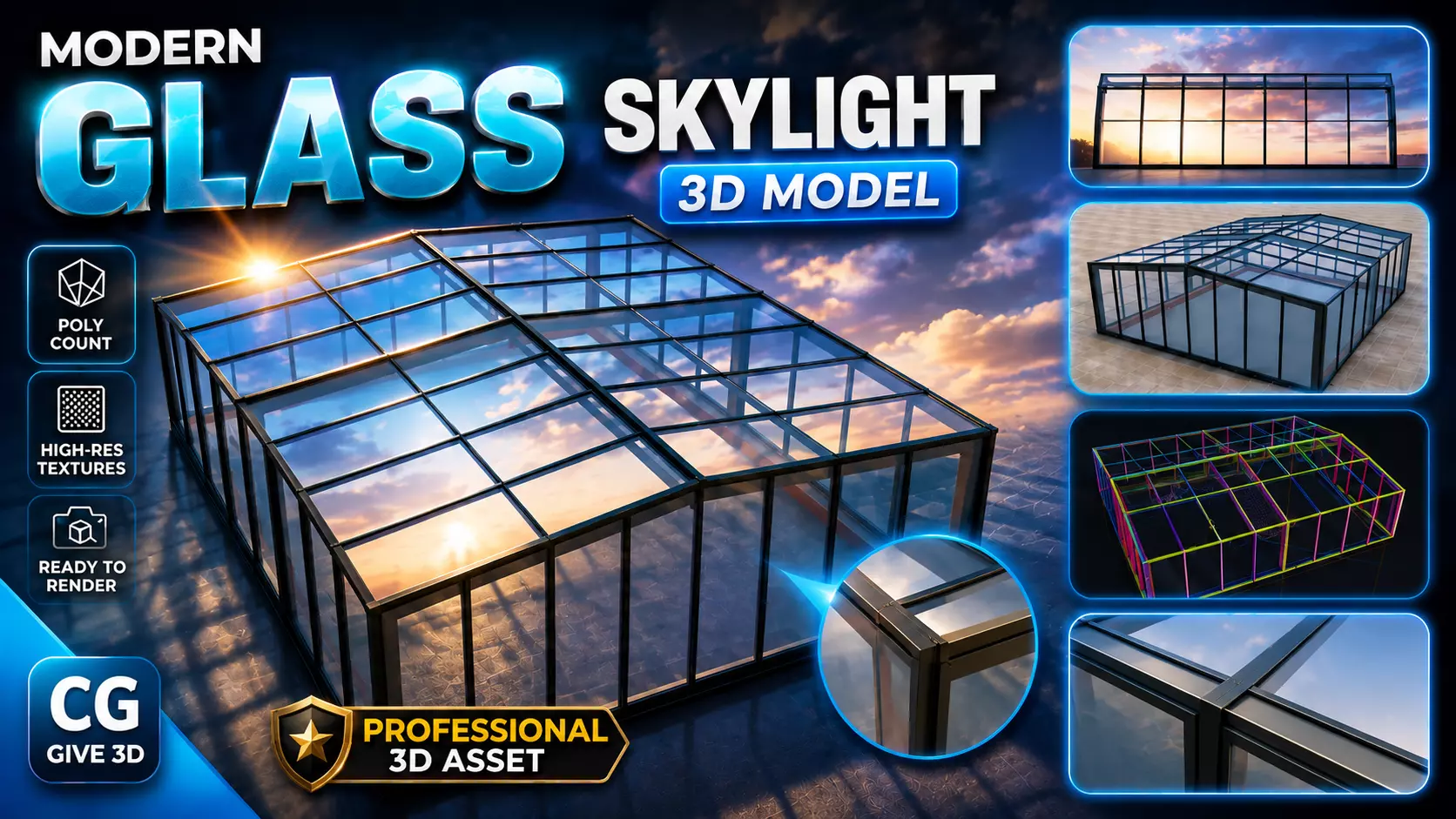 Modern Glass Skylight Pavilion with Aluminium Frame 3D Model Low-poly 3D model