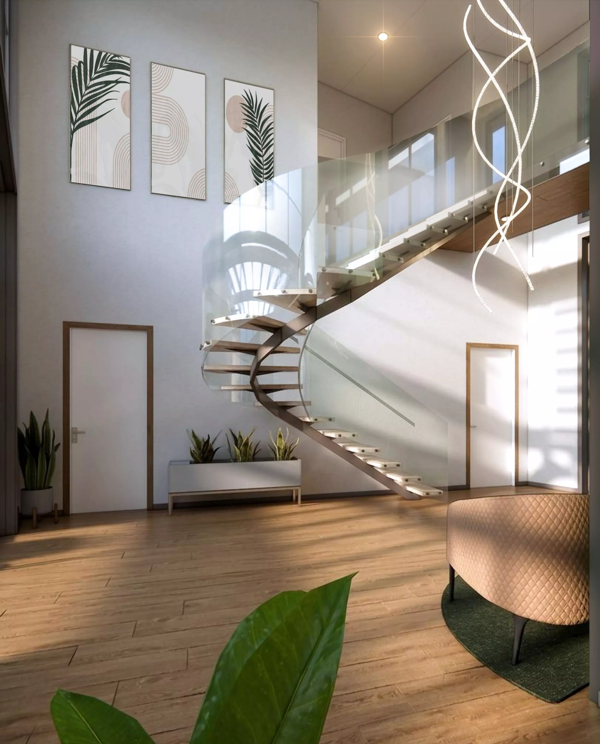 Stairs metal staircase with glass railings Low-poly 3D model