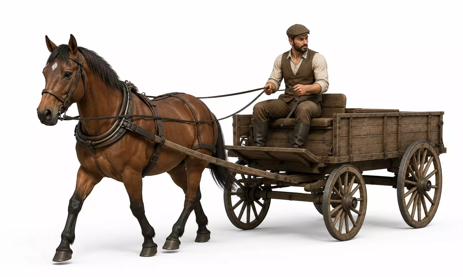 Traditional Horse Cart Driver Character Wooden Wagon Transport 3D model