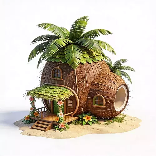 Stylized 3D Whimsical Coconut House Model