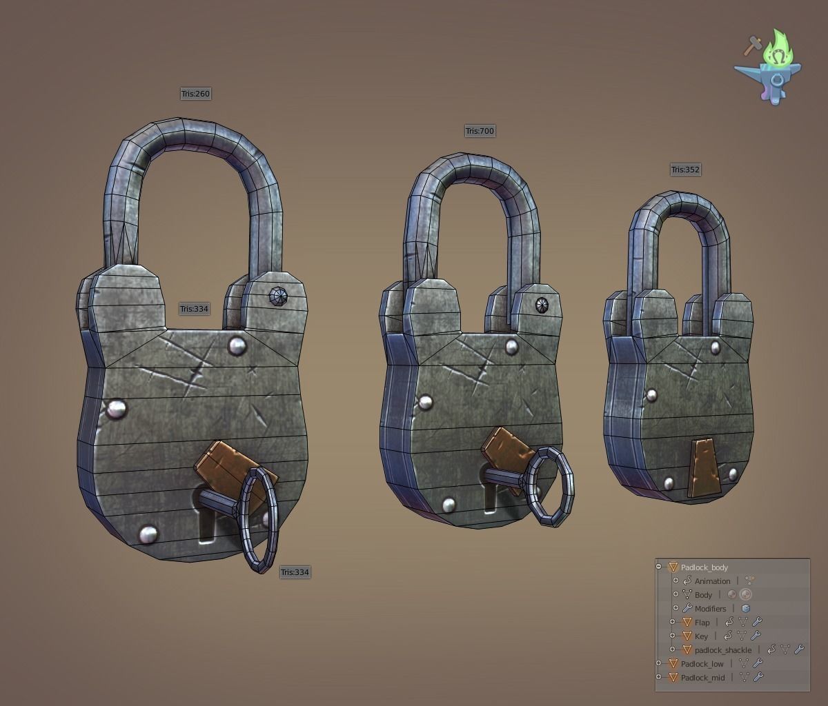 Medieval padlock Low-poly 3D model_8