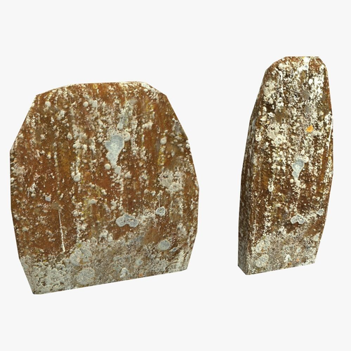 Red headstones with lichen