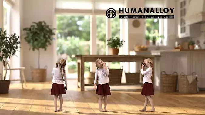 Young Caucasian woman eating at home with children in summer 3D model