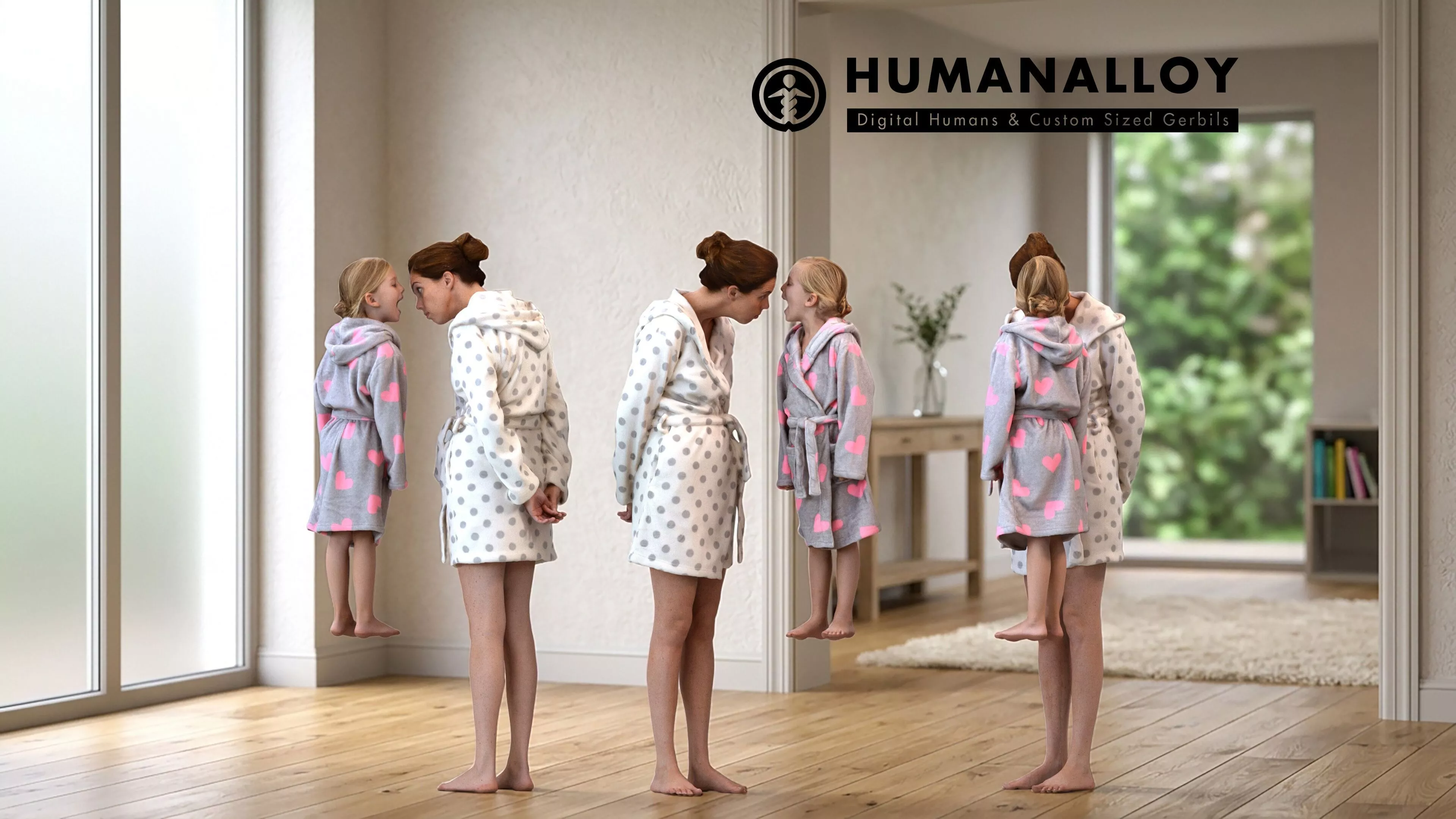 Adult Caucasian woman bonding with daughter at home in casual 3D model
