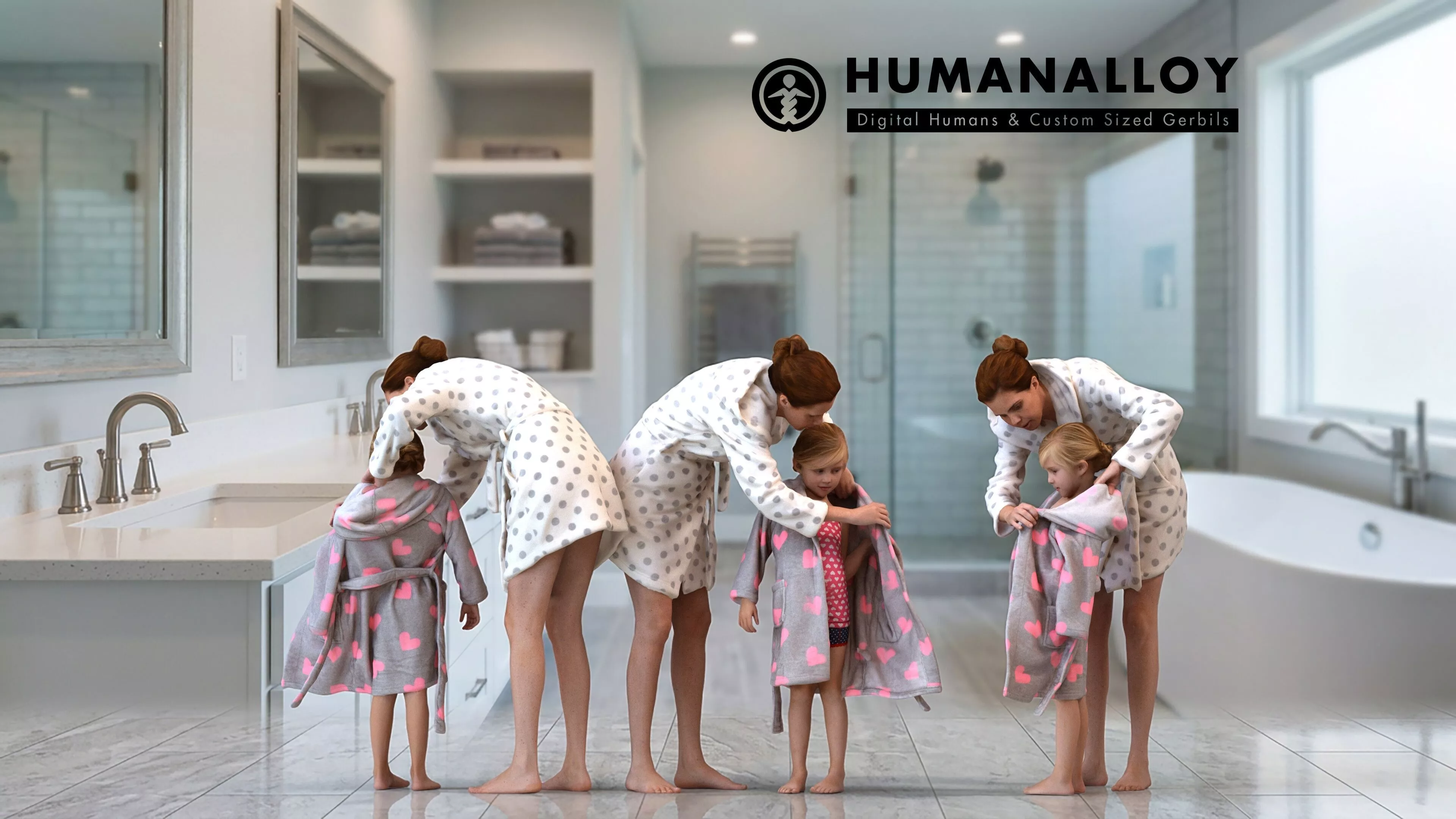 Adult Caucasian woman in summer robe bonding with daughter at 3D model