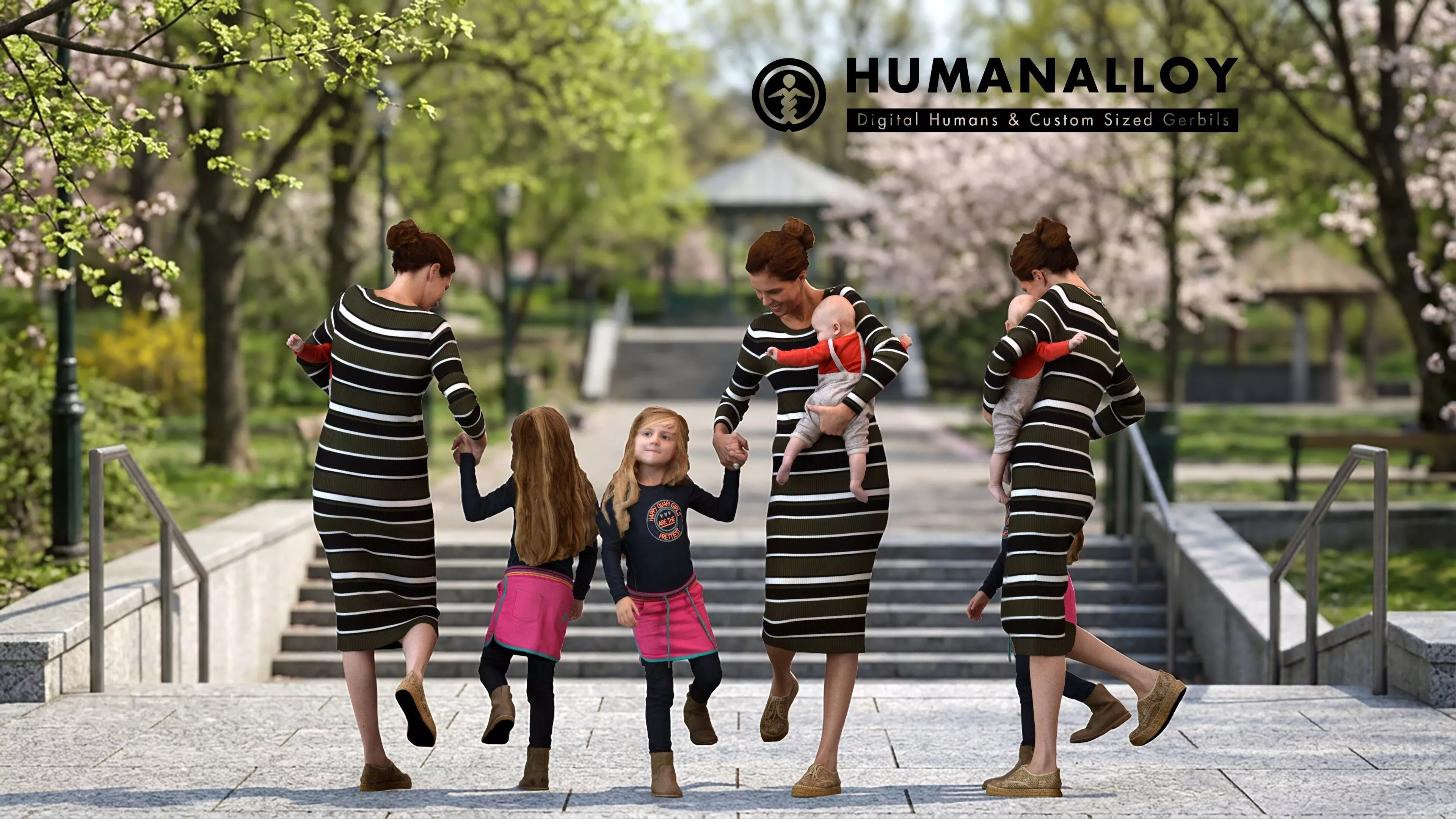 Adult Caucasian woman walking with family group wearing casual 3D model