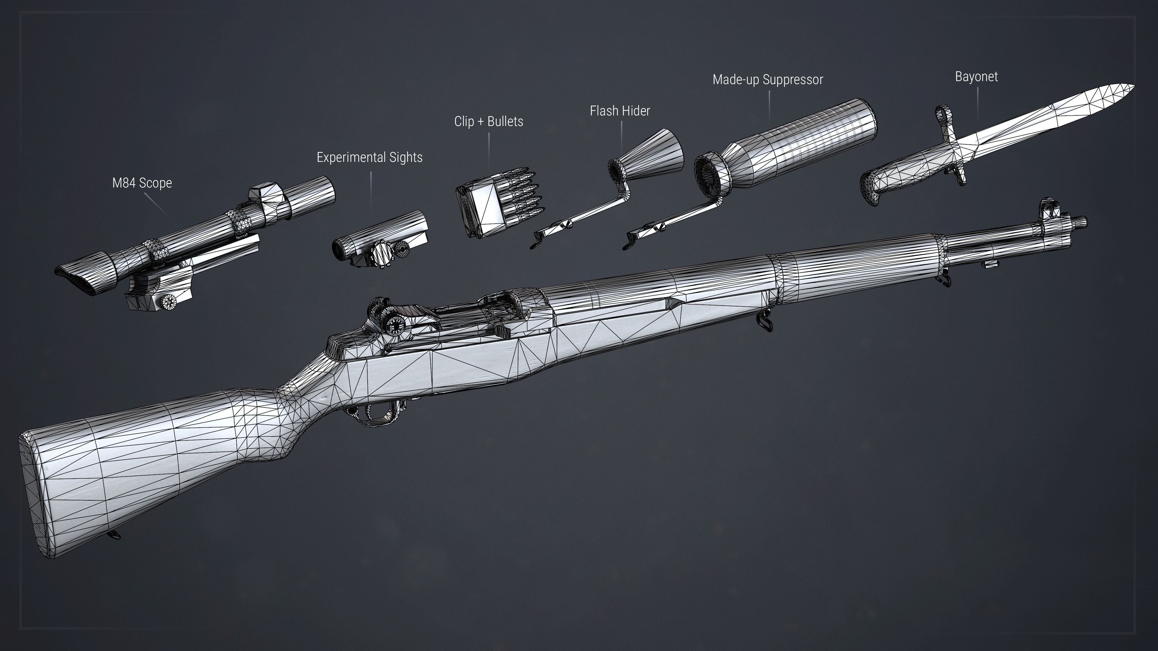 PBR M1 Garand and Attachments Low-poly 3D model_14