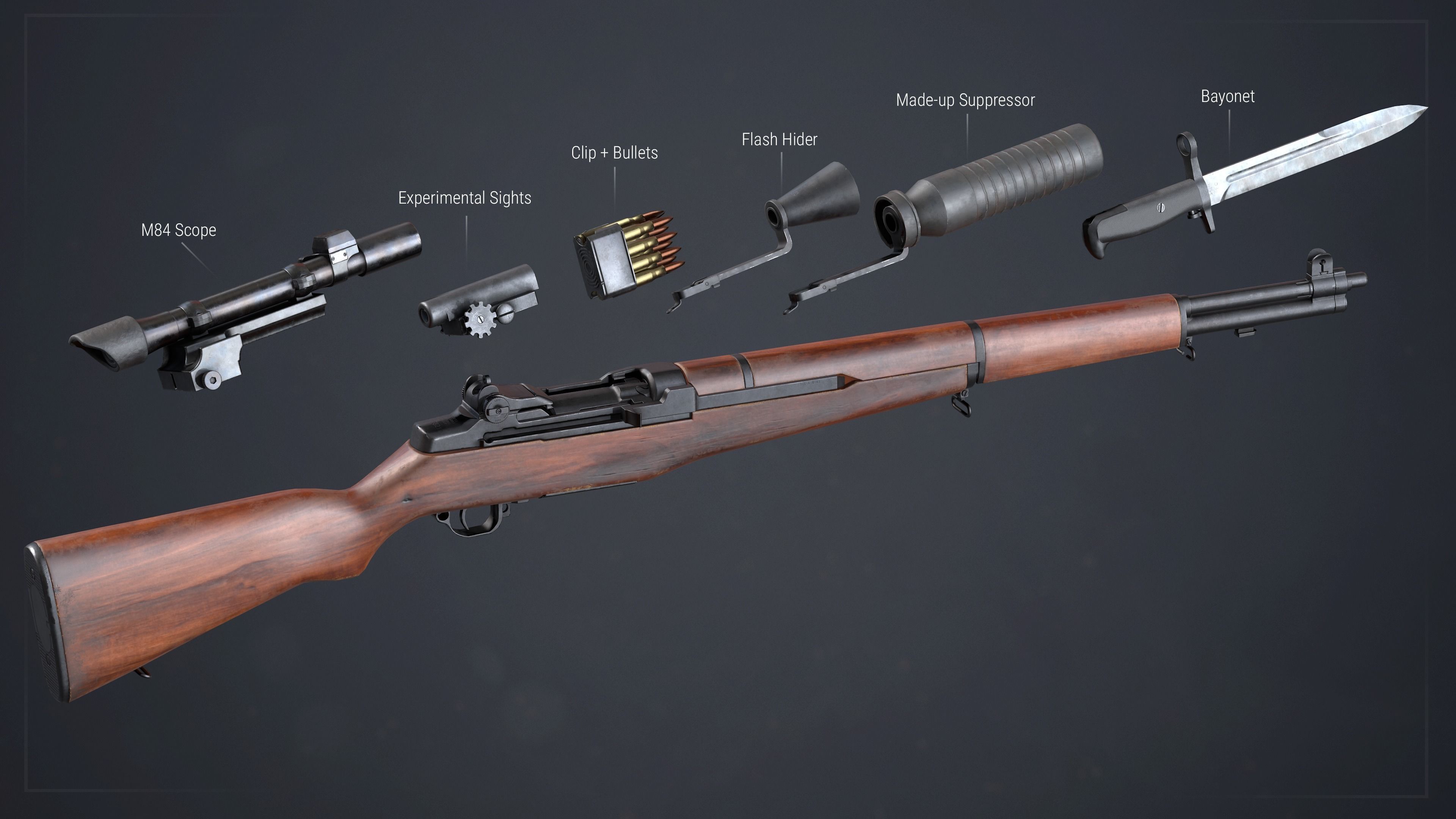 PBR M1 Garand and Attachments Low-poly 3D model_2