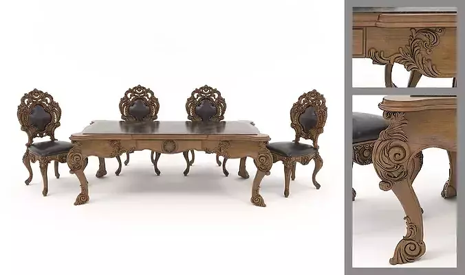 Classical Carved Dining Table and Chairs 3 3D model 2