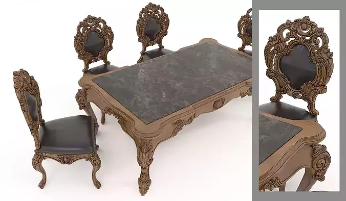 Classical Carved Dining Table and Chairs 3 3D model 6