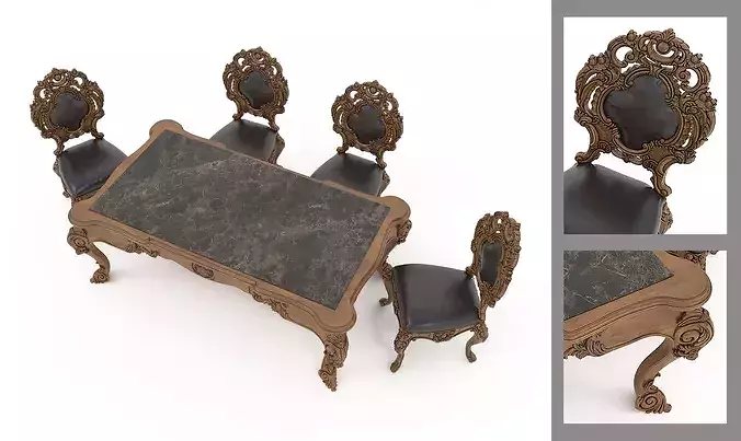 Classical Carved Dining Table and Chairs 3 3D model 3