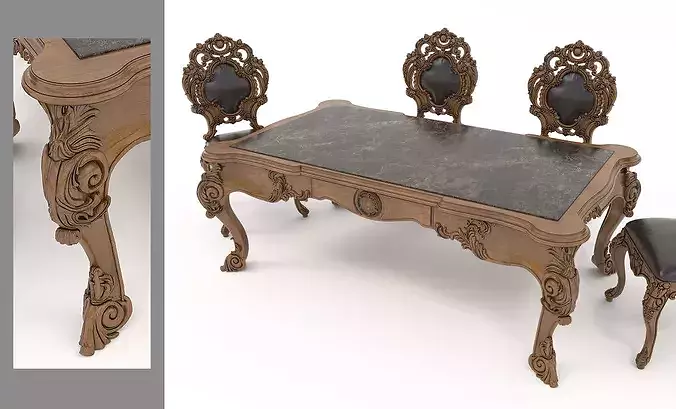 Classical Carved Dining Table and Chairs 3 3D model 7
