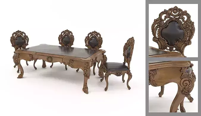 Classical Carved Dining Table and Chairs 3 3D model