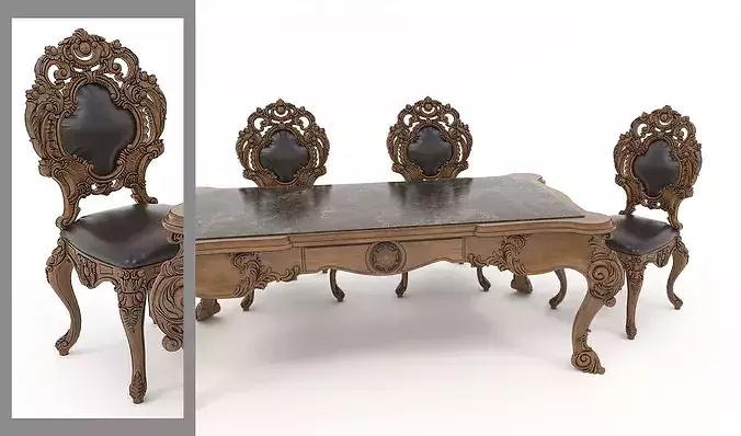 Classical Carved Dining Table and Chairs 3 3D model 5
