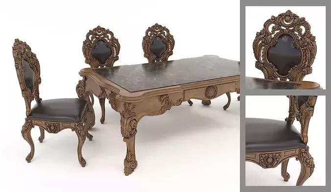 Classical Carved Dining Table and Chairs 3 3D model 4