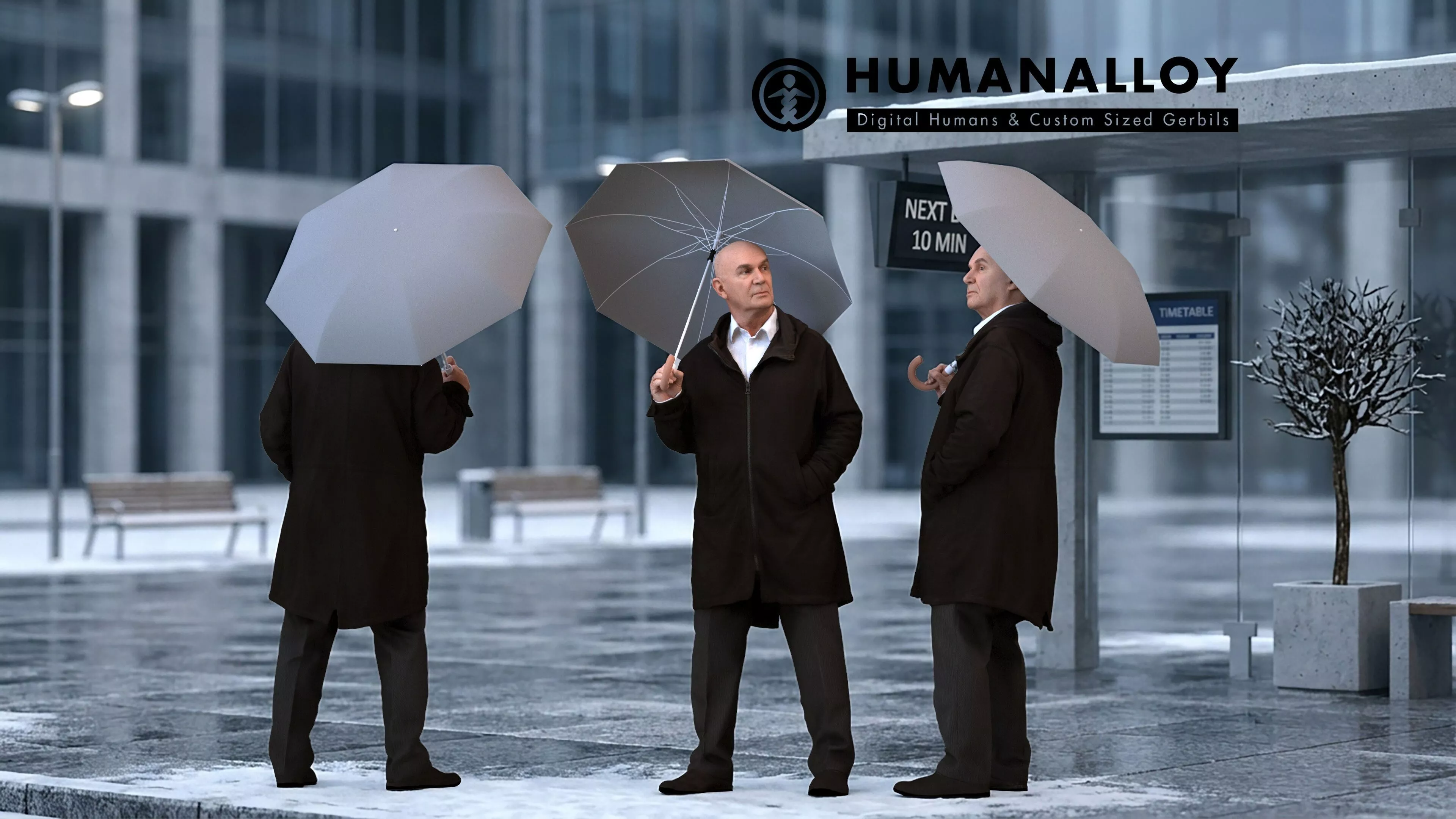 Senior Caucasian man waiting in public space with umbrella 3D model
