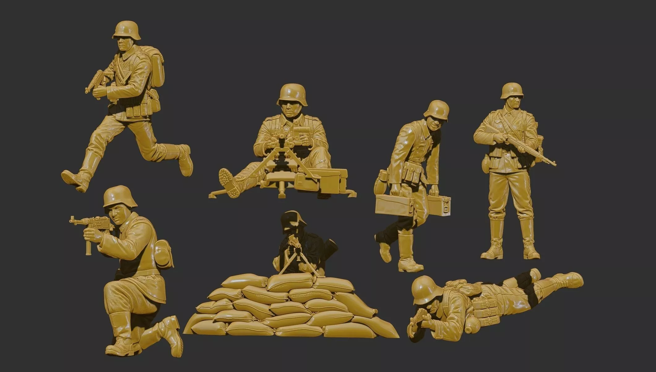 WWII german Soldier Miniature Set 7 Miniatures 75mm 3D print model