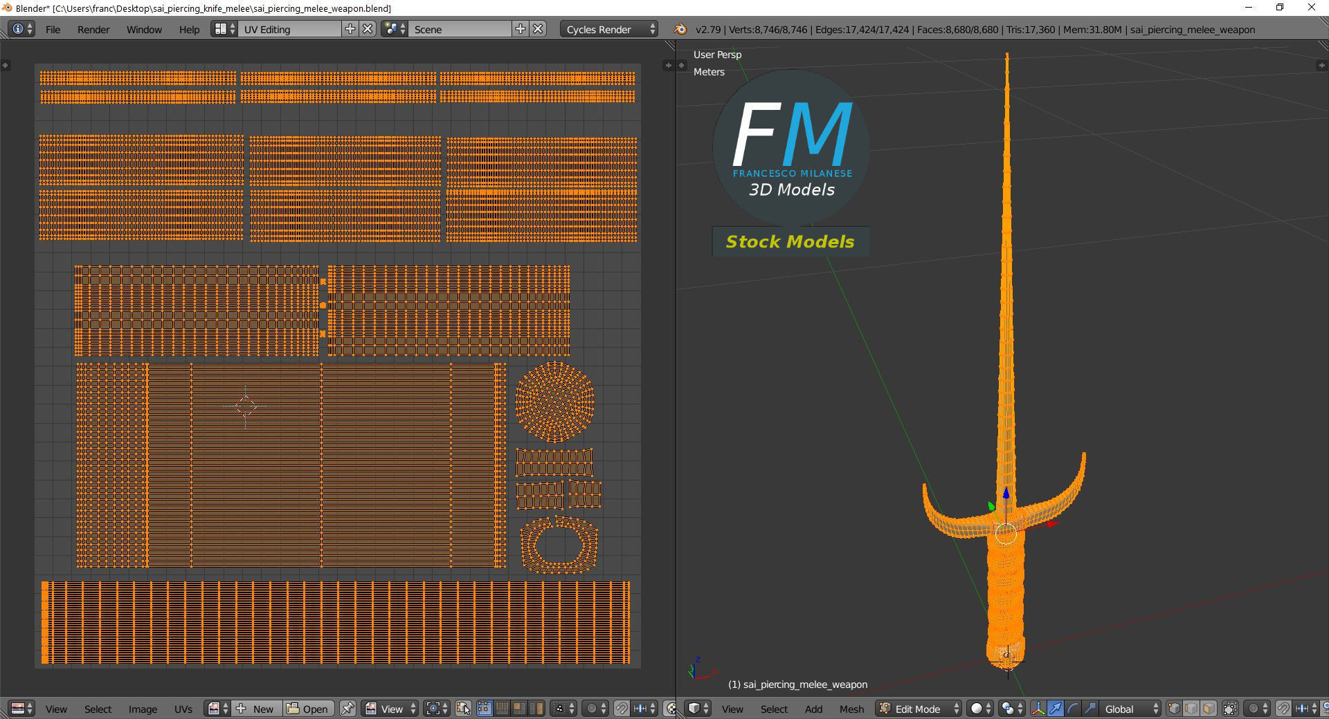 Sai piercing knife melee 3D model_10