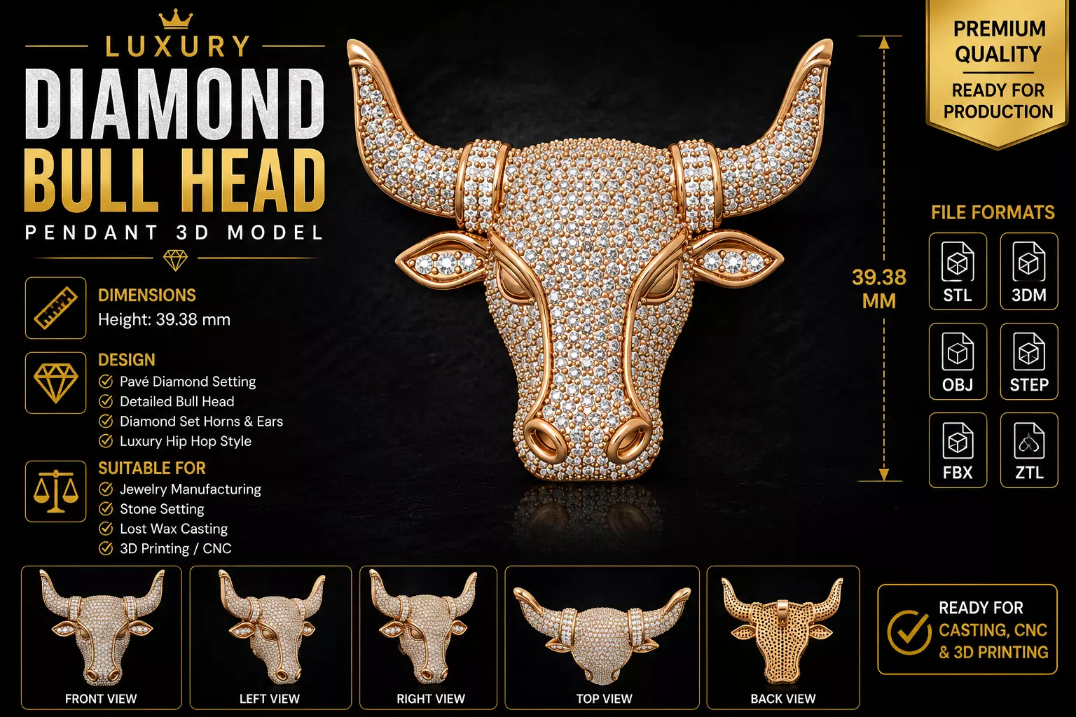 Luxury Diamond Bull Head Pendant 3D Model Hip Hop Animal Pendant 3D print model