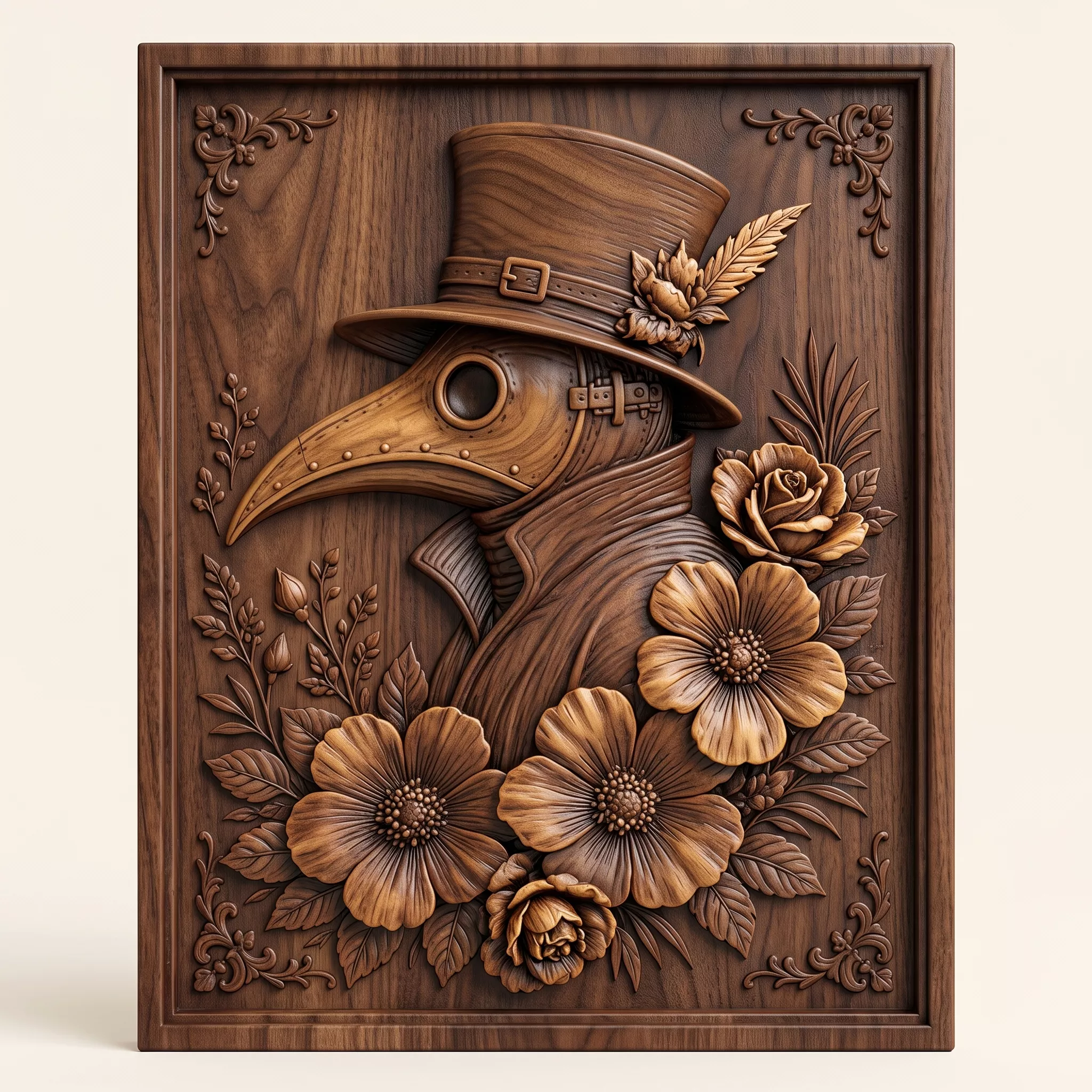 PLAGUE DOCTOR FLORAL WALL RELIEF - 3D PRINTABLE CNC ART 3D print model