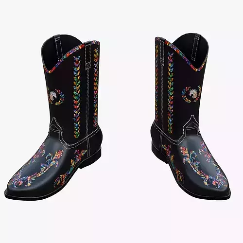 Western Cowboy Boots Black Embroidery Game Ready PBR 3D Model