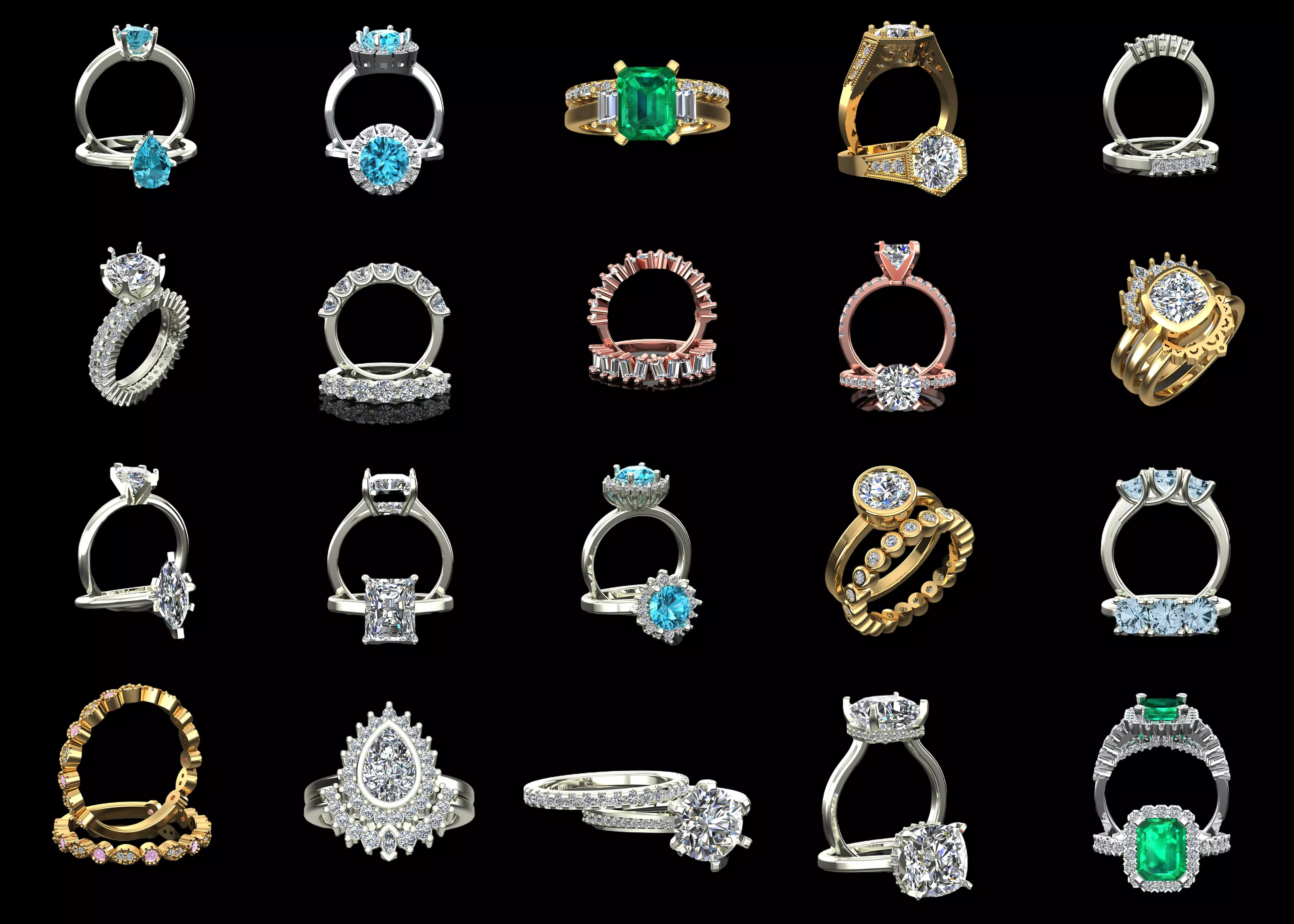 20 Unique Engagement Ring CAD Models Bundle STL 3DM Pack 3D print model