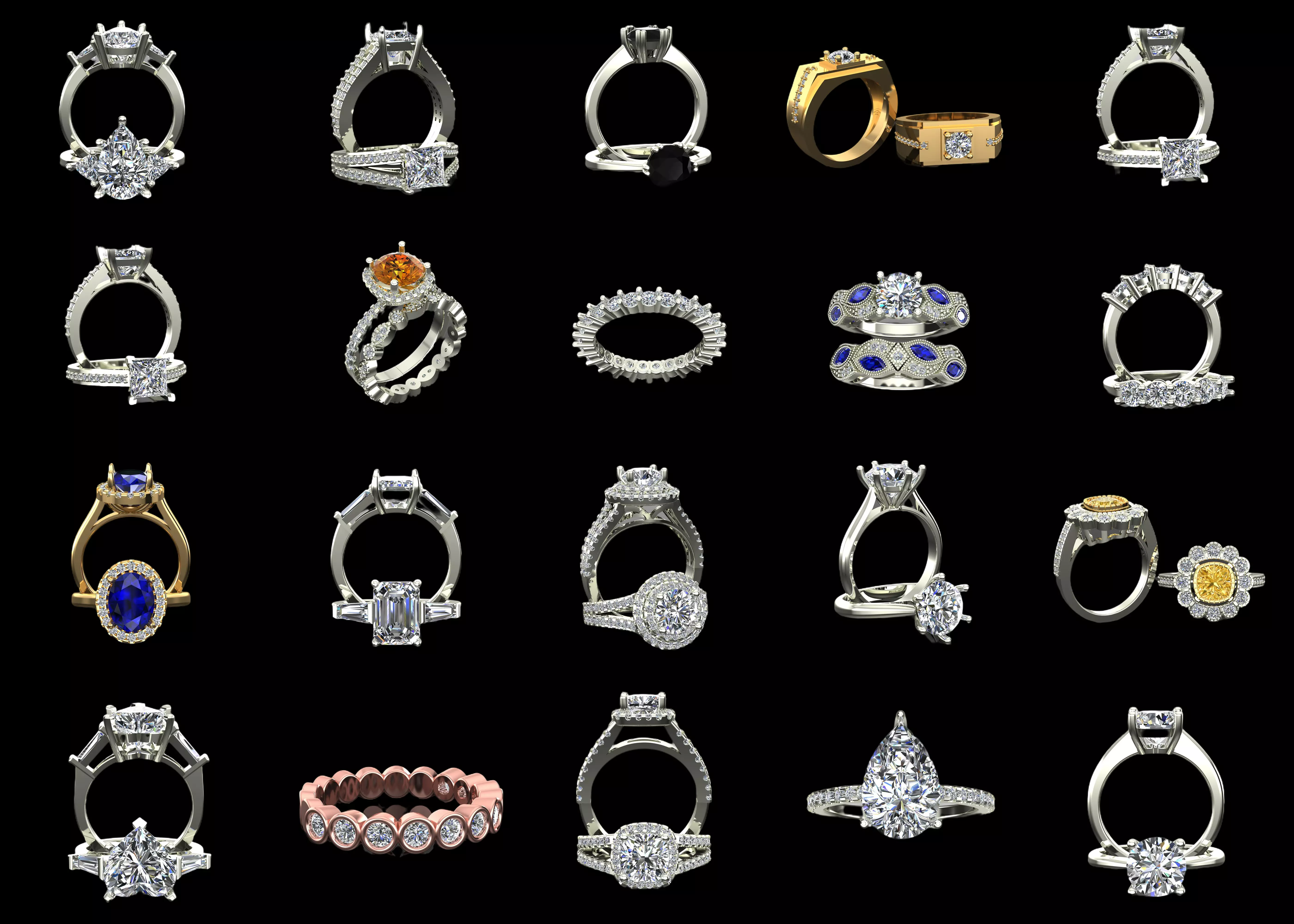 20 Diamond Ring CAD Models Bundle STL 3DM Jewelry Pack Set 3D print model