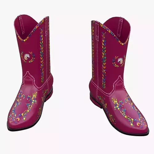 Western Cowboy Boots Red Embroidery Game Ready PBR 3D Model