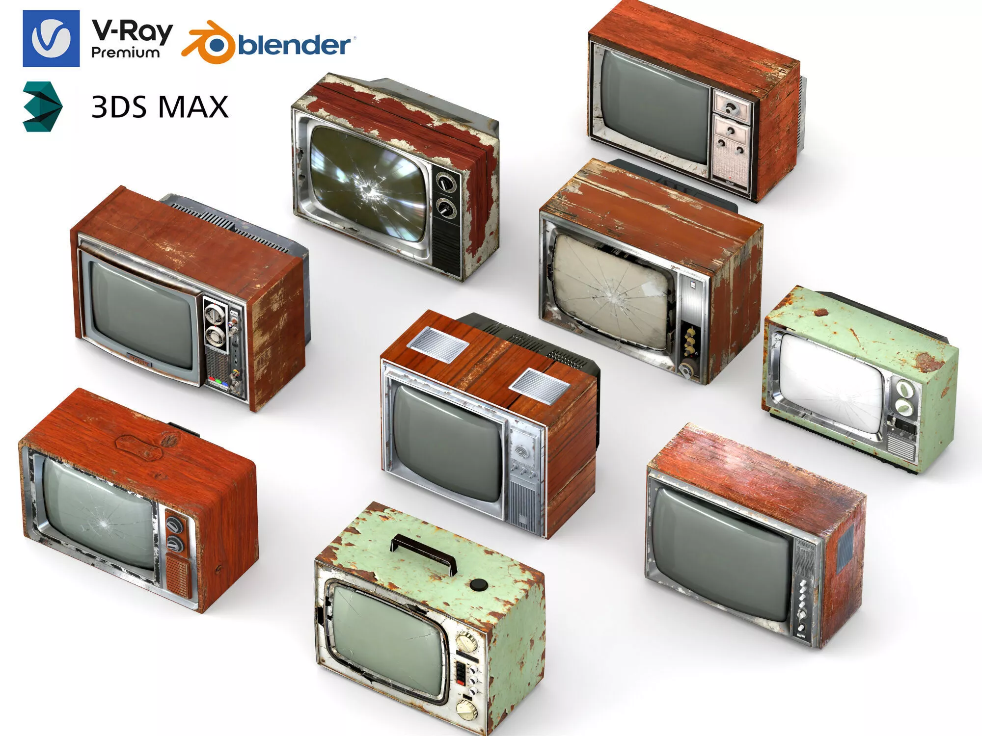 Vintage Old CRT TV 3D Model Retro Broken Television Pack 3D model
