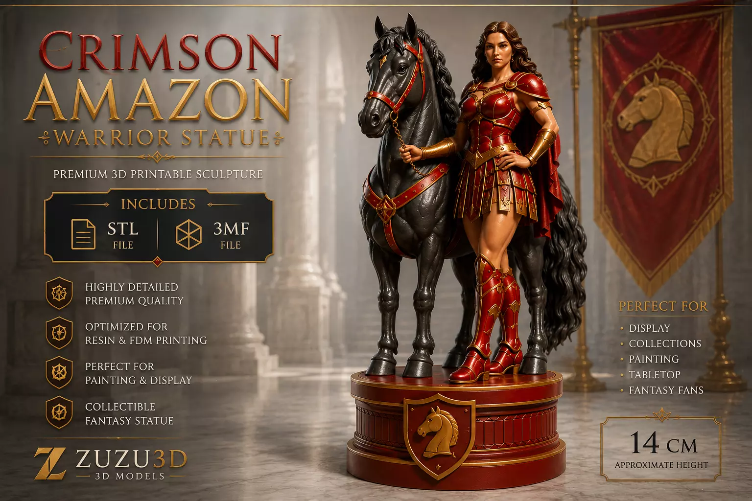 Crimson Amazon Warrior Statue 3D print model