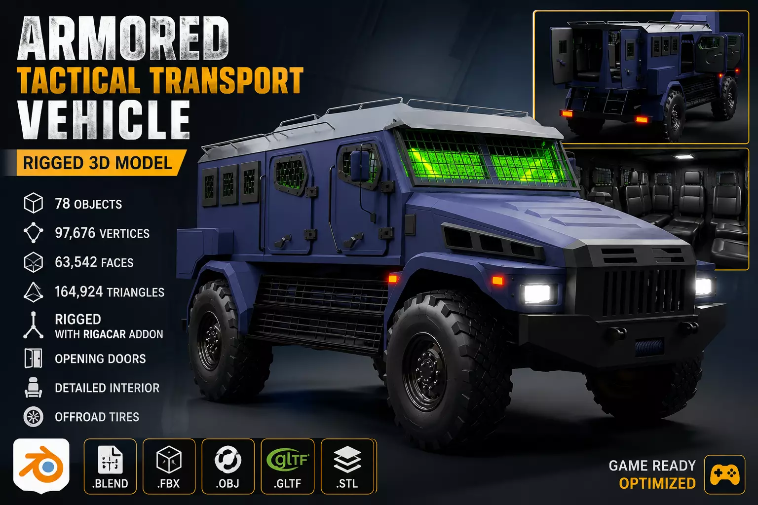Armored Tactical Transport Vehicle Rigged 3D Model Low-poly 3D model