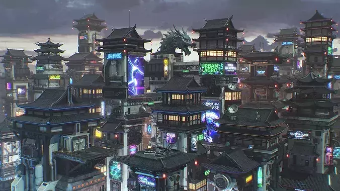 Scifi Future Chinese Cyberpunk Building Vol 1 Low-poly 3D model