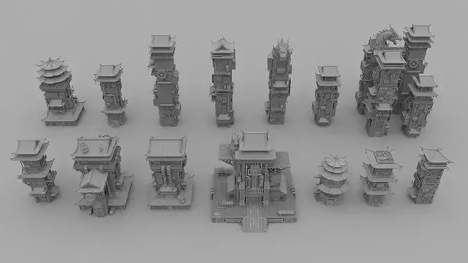 Scifi Future Chinese Cyberpunk Building Vol 1 Low-poly 3D model 6