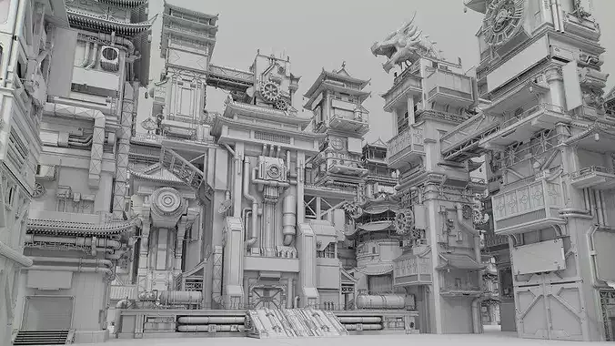 Scifi Future Chinese Cyberpunk Building Vol 1 Low-poly 3D model 4