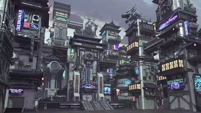Scifi Future Chinese Cyberpunk Building Vol 1 Low-poly 3D model 3