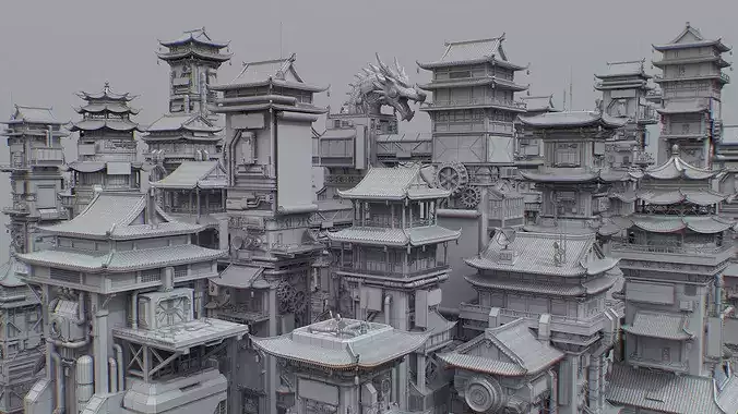Scifi Future Chinese Cyberpunk Building Vol 1 Low-poly 3D model 2