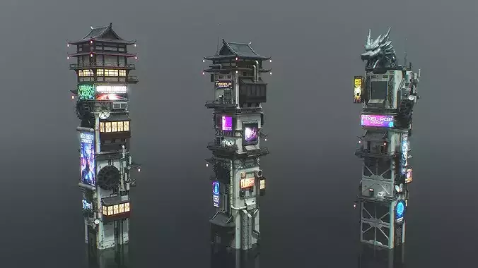 Scifi Future Chinese Cyberpunk Building Vol 1 Low-poly 3D model 7