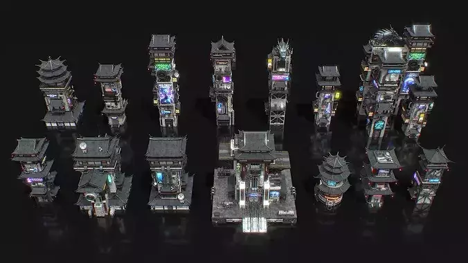 Scifi Future Chinese Cyberpunk Building Vol 1 Low-poly 3D model 5