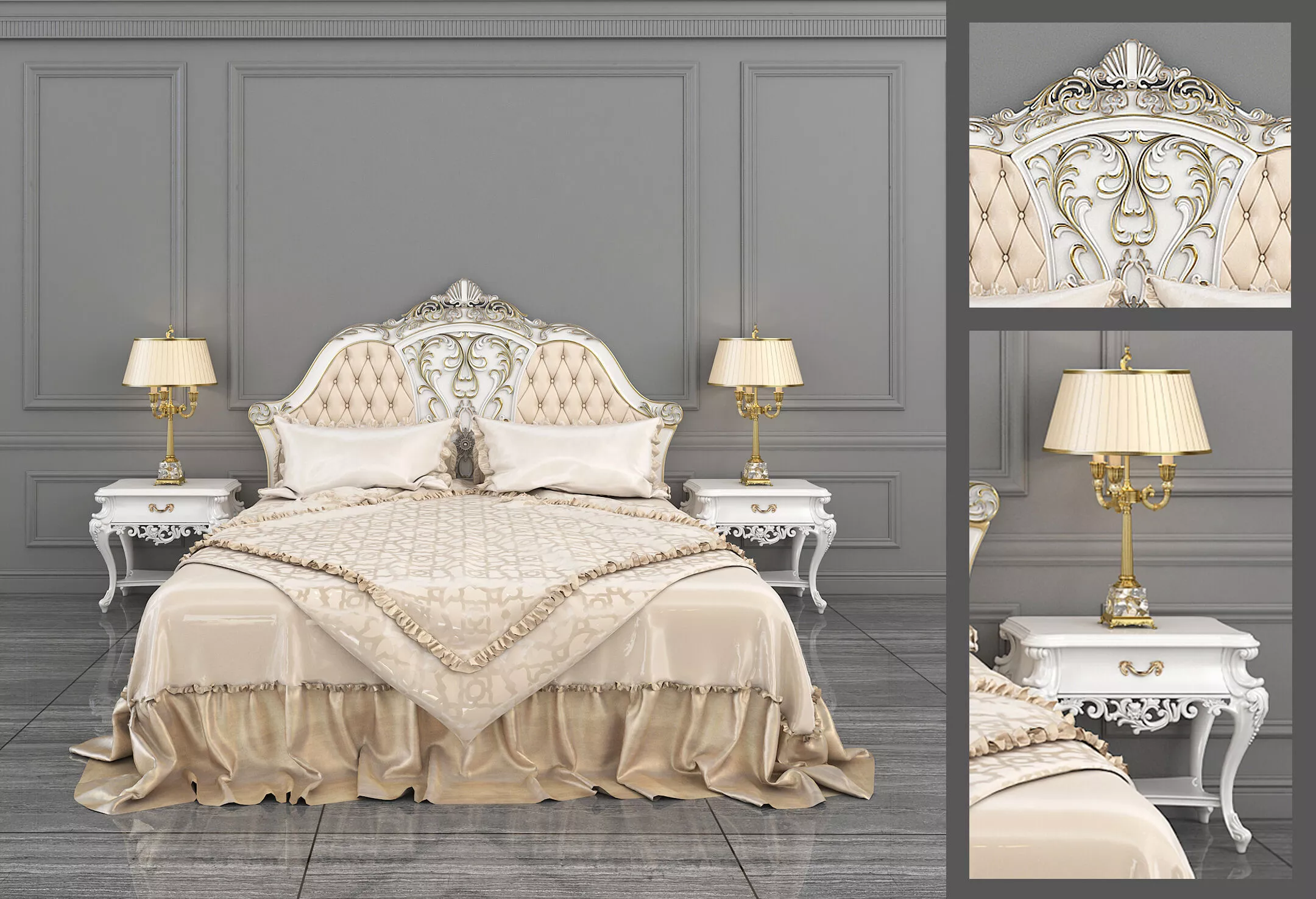 Victorian Style Tufted Bed with Nightstands 8 3D model