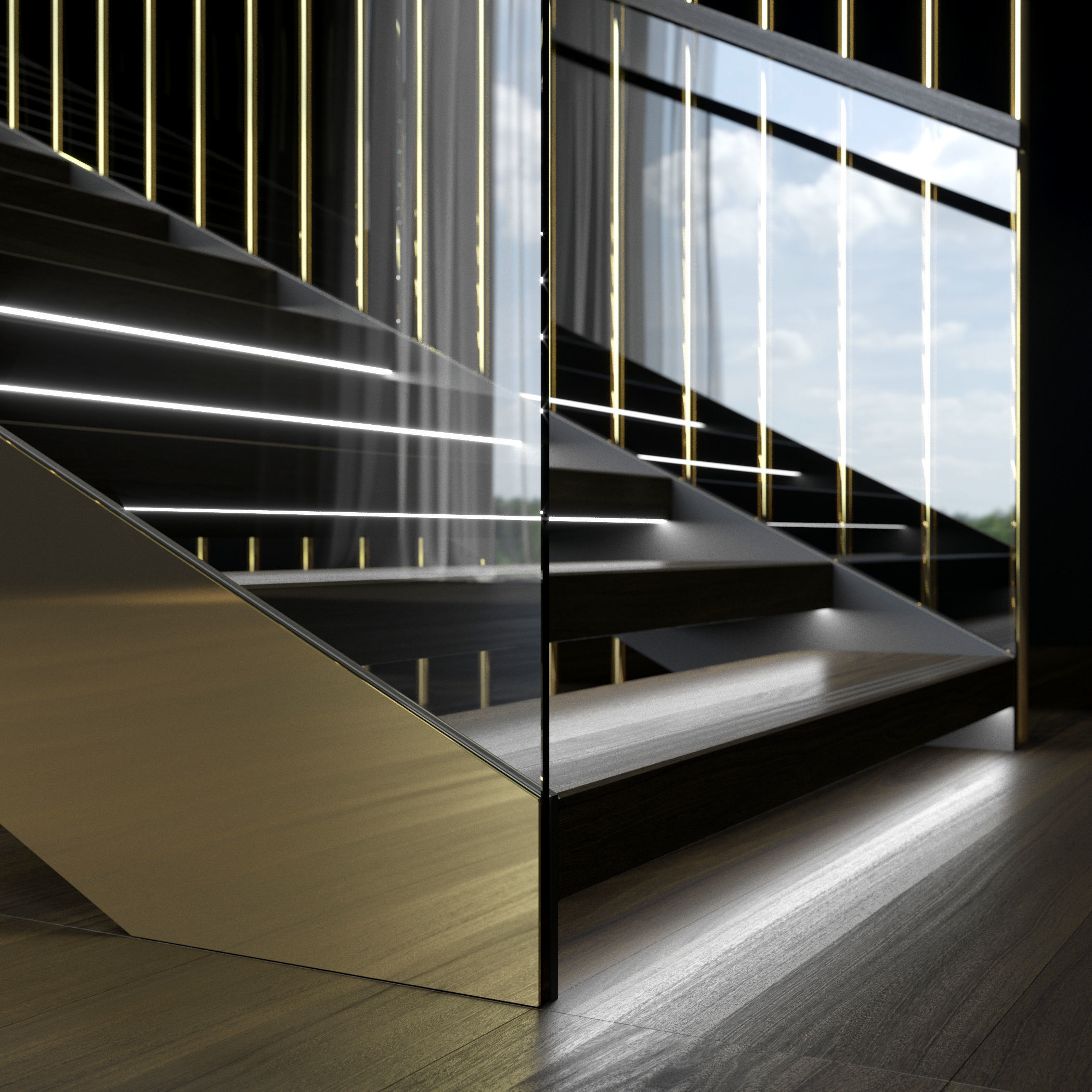 Brass and glass staircase 3D model_1