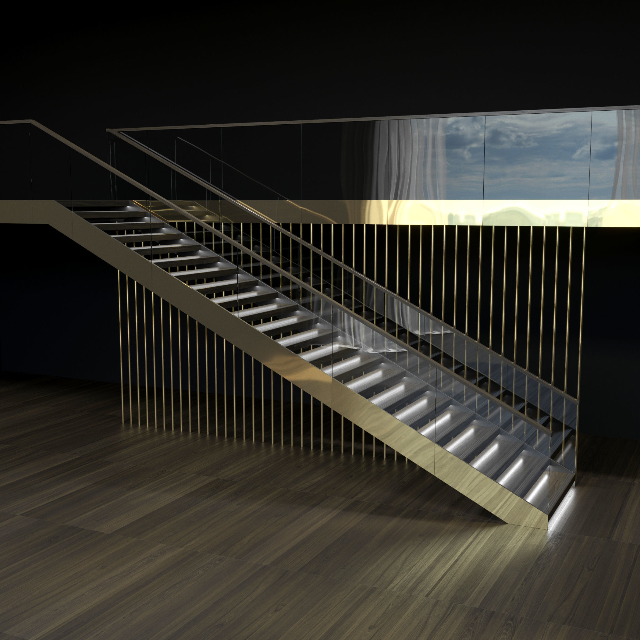 Brass and glass staircase 3D model_0